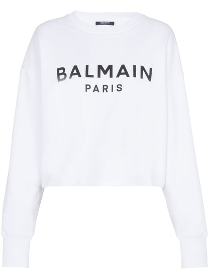 Balmain Logo-Print Organic Cotton Cropped Sweatshirt White