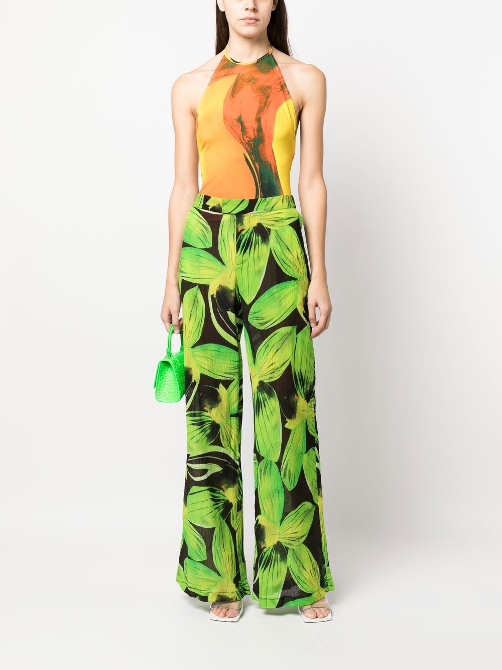 Louisa Ballou Leaves-Print Wide-Leg Trousers Green