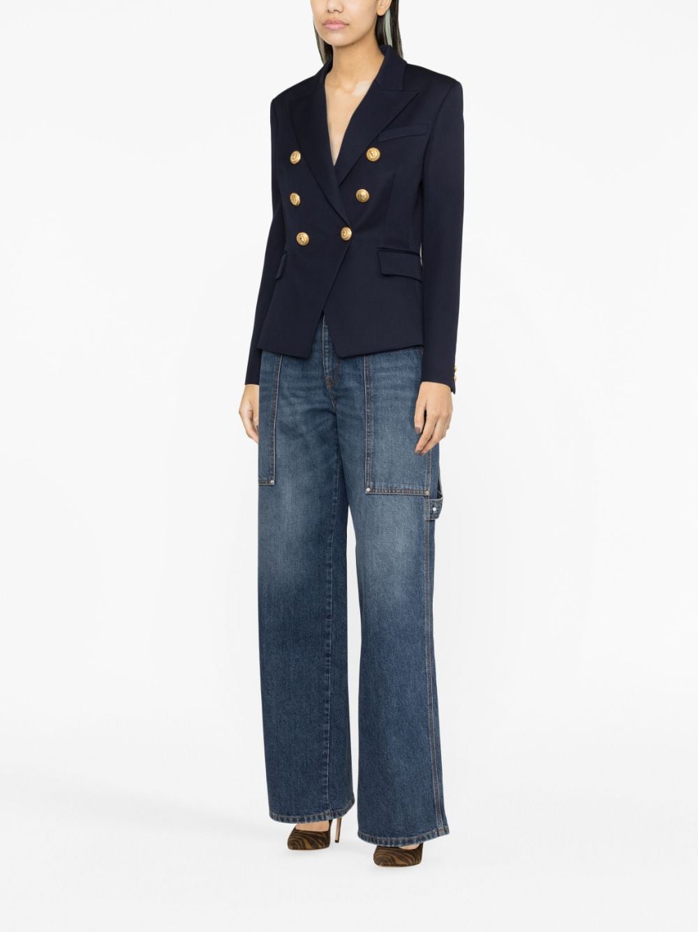 Balmain Double-Breasted Wool Blazer Navy Blue Blue
