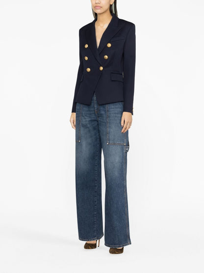 Balmain Double-Breasted Wool Blazer Navy Blue Blue