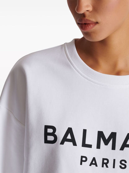 Balmain Logo-Print Organic Cotton Cropped Sweater White