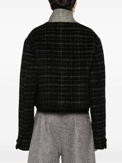Etro Cropped Checked Wool-Blend Embroidered Jacket Black