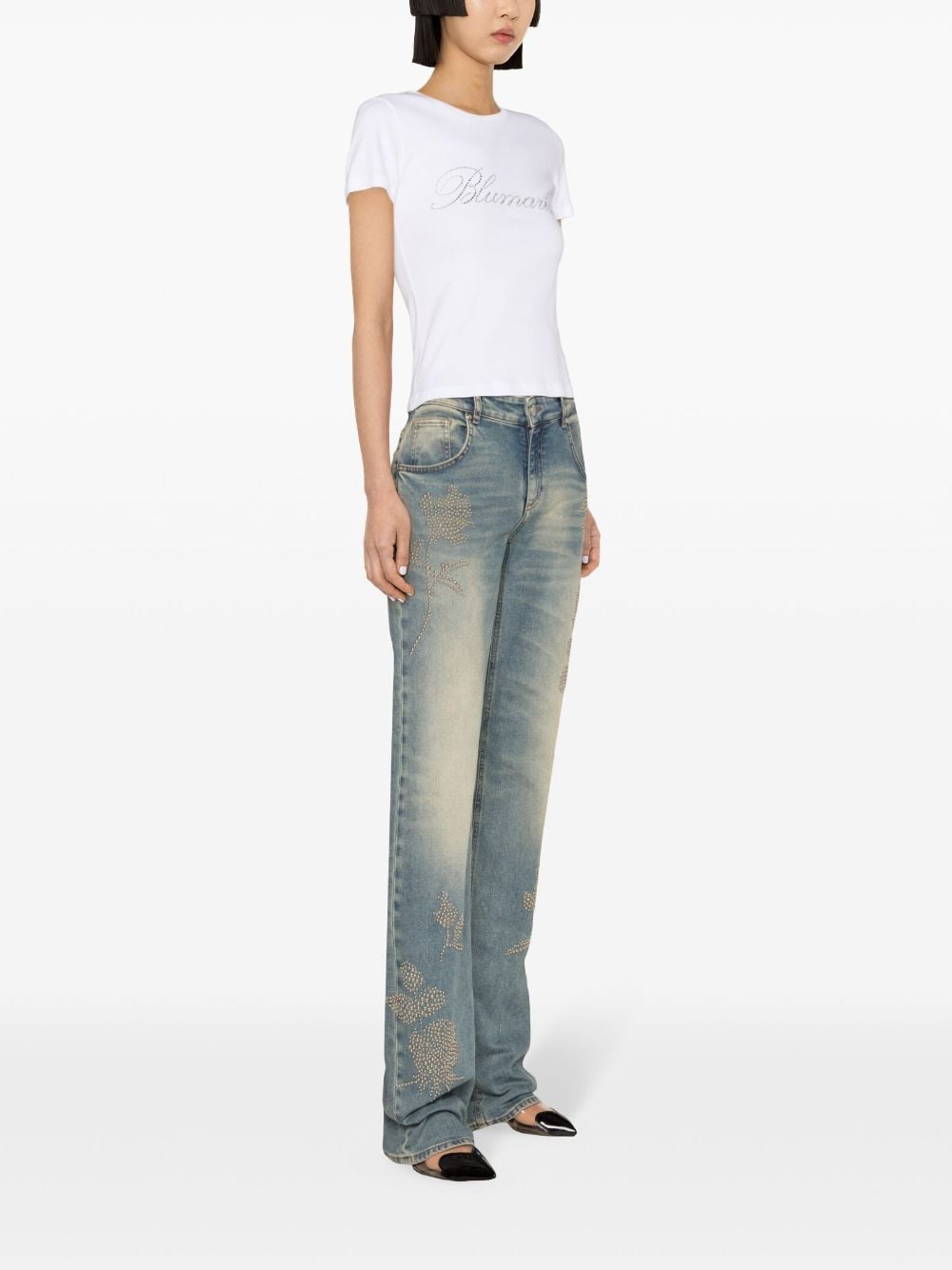 Blumarine Rhinestone-Logo Cotton Jersey T-Shirt White White