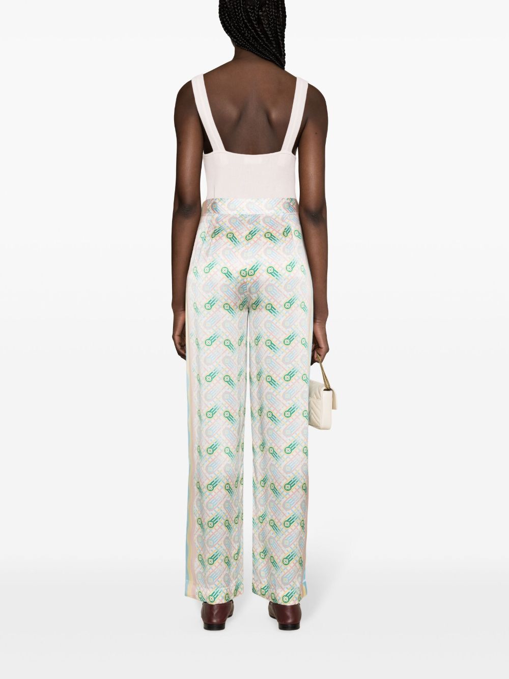 Casablanca High-Waisted Silk Satin Ping Pong Print Trousers Multicolor