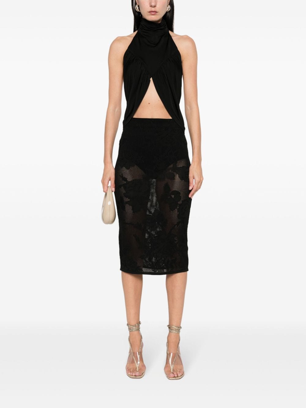 Blumarine Embroidered Pencil Midi Skirt Black 