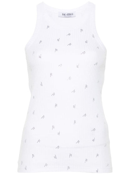 The Attico Ribbed Cotton Rhinestone Logo Sleeveless Top White