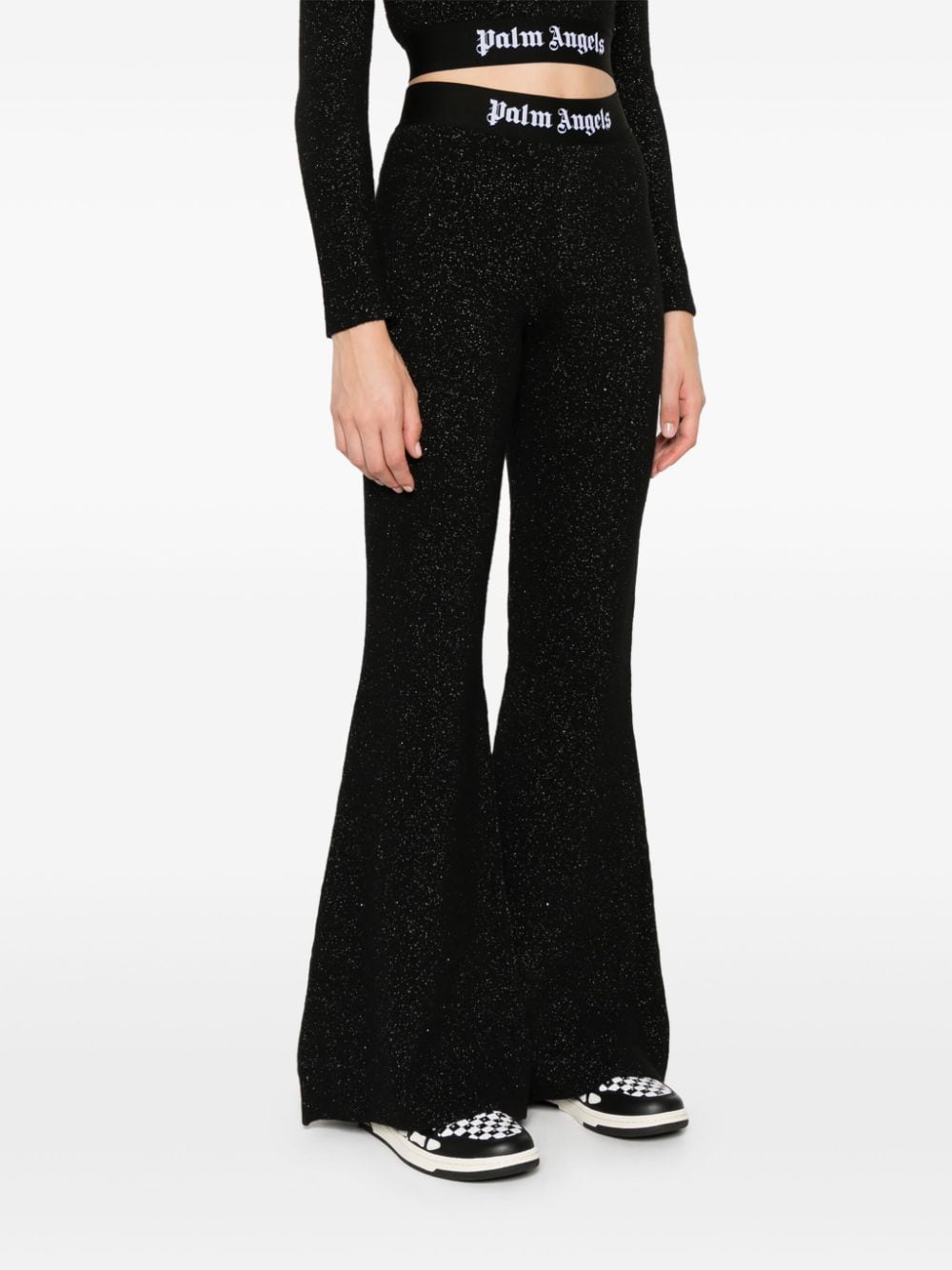 Palm Angels Knitted Flared Trousers with Lurex and Logo Tape Black
