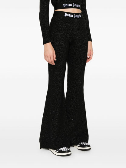 Palm Angels Knitted Flared Trousers with Lurex and Logo Tape Black