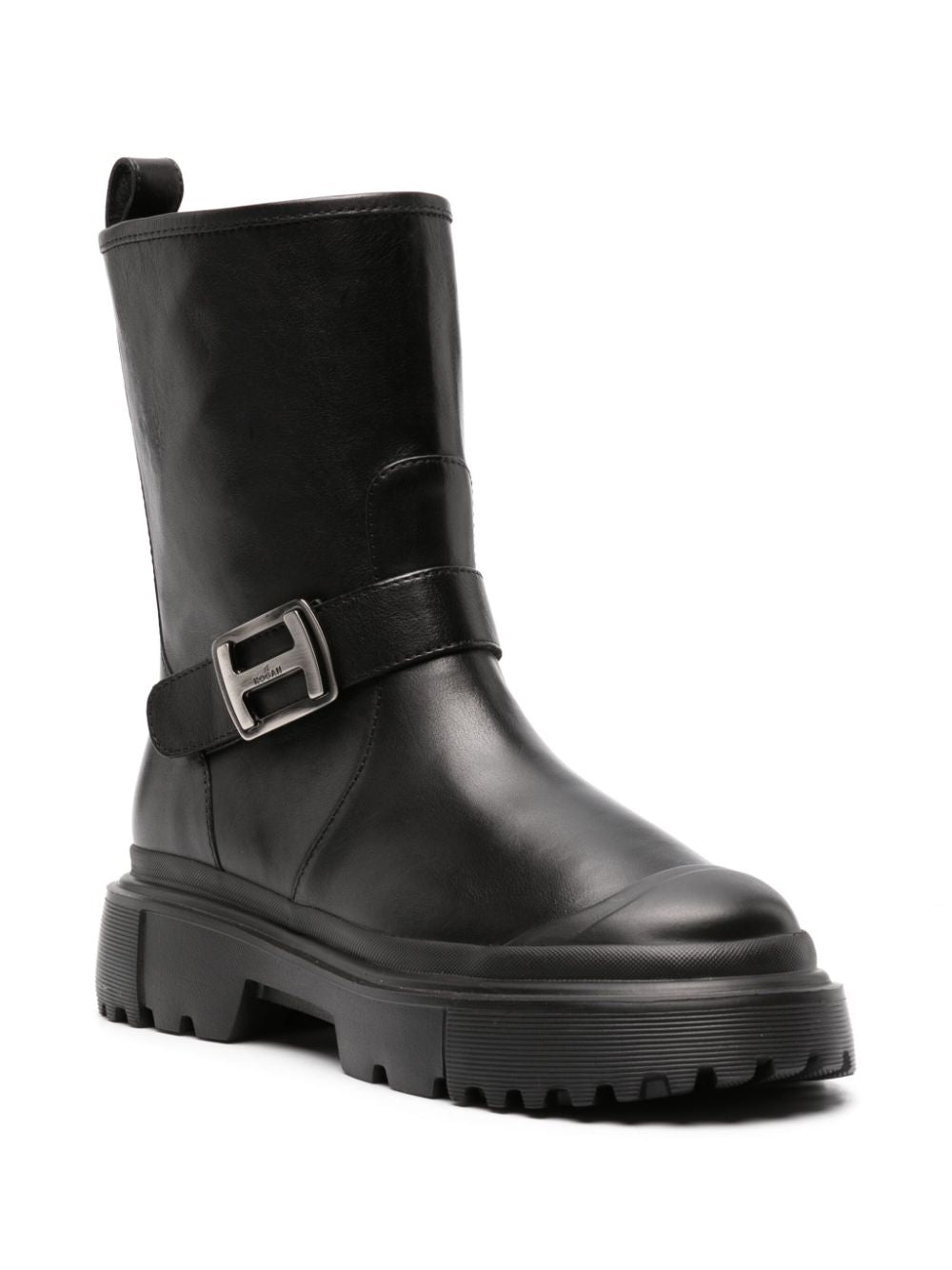 Hogan Pre 40mm Logo Buckle Calf Leather Ankle Boots Black Black