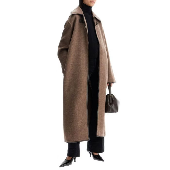 Toteme oversized brown wool long coat with minimalist double clasp